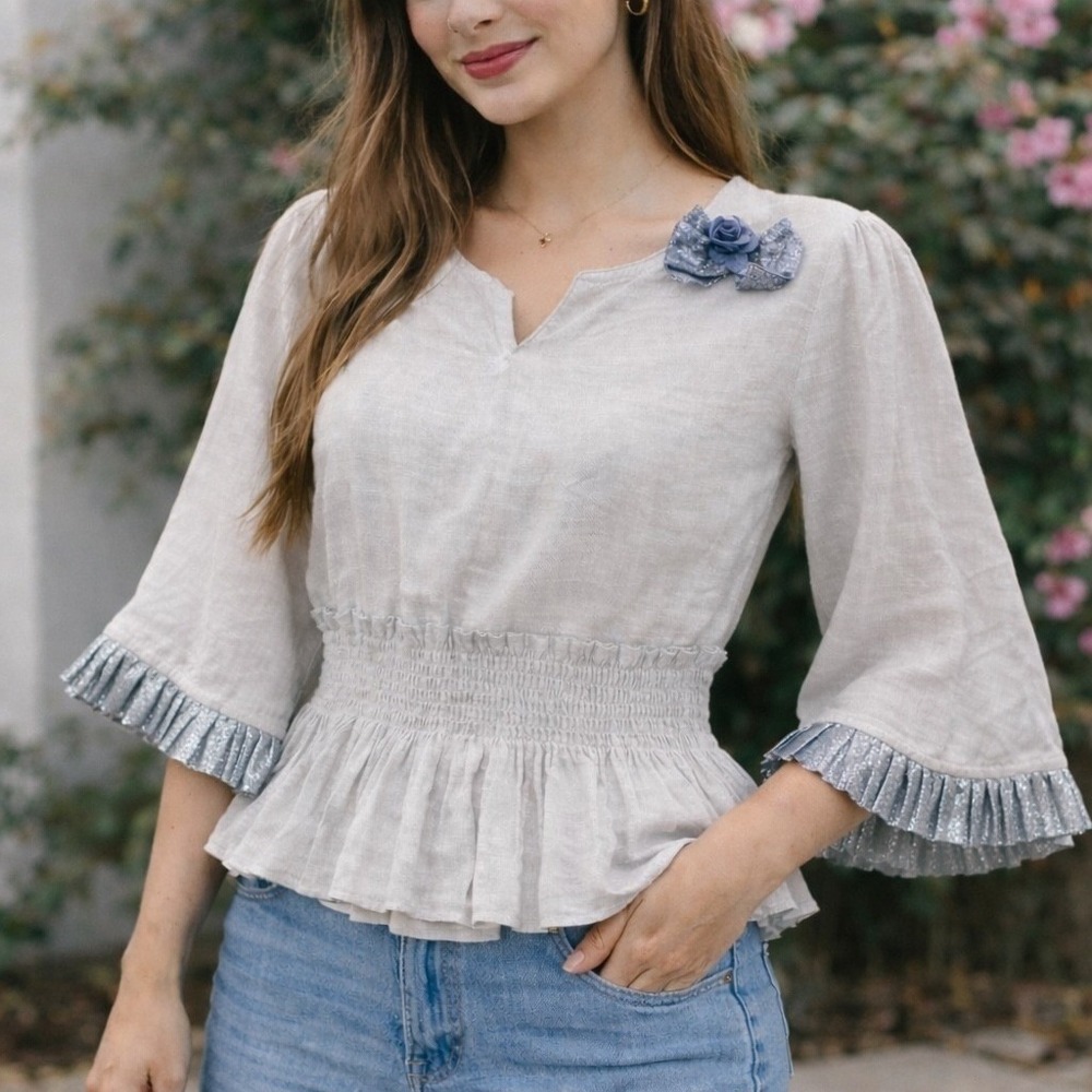 Aarong Bell Sleeve Smocked Top Small Boho Flowy Smocked Fairycore Festival Gray